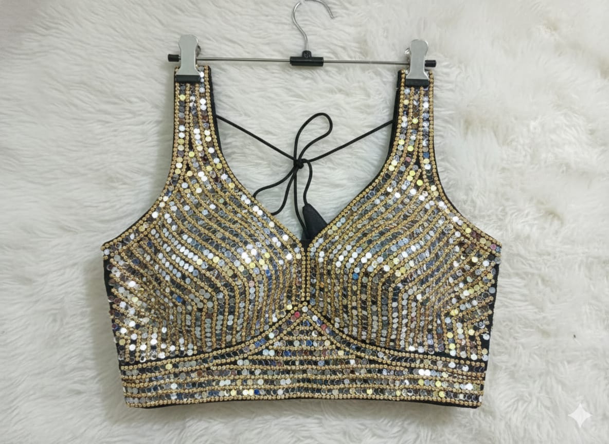 Black heavy stone real mirror with sequence bridal blouse