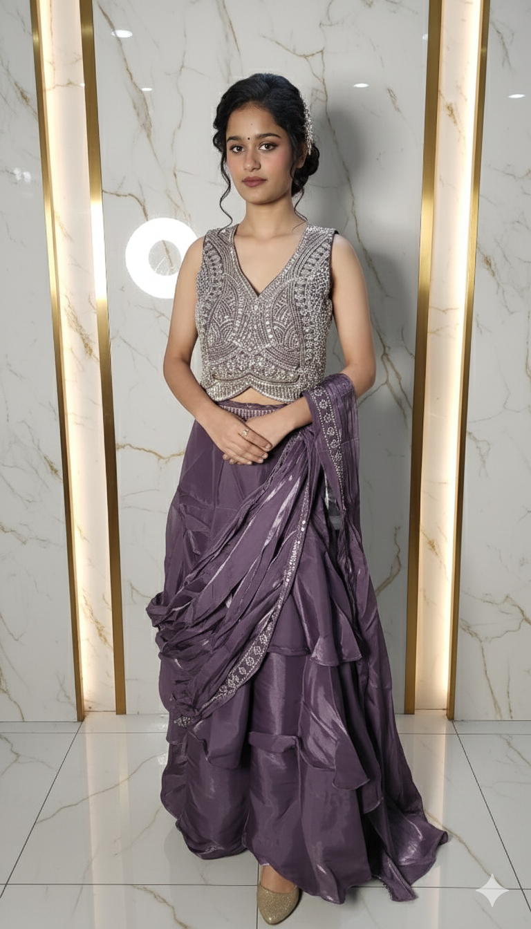 Designer party wear frill lehenga attach  saree