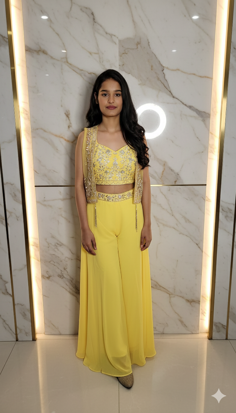 Designer party wear three piece set palazzo blouse and jacket 