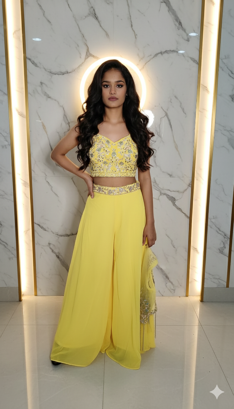 Designer party wear three piece set palazzo blouse and jacket 