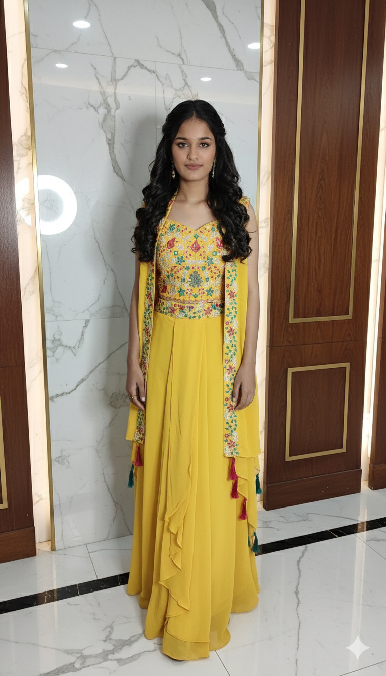 Designer party wear dress three piece set blouse palazzo and Shrug 