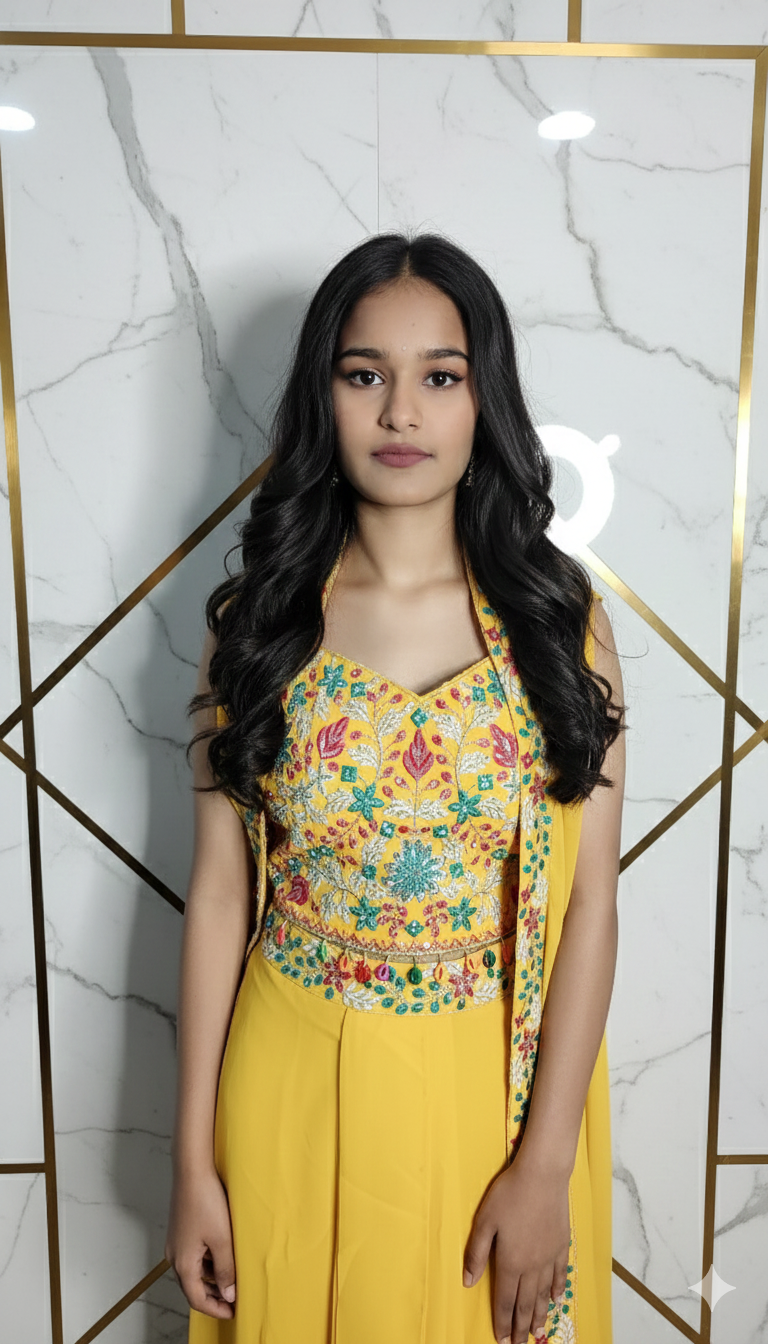 Designer party wear dress three piece set blouse palazzo and Shrug 