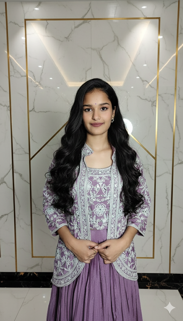 Designer three piece set blouse jacket and lehenga 