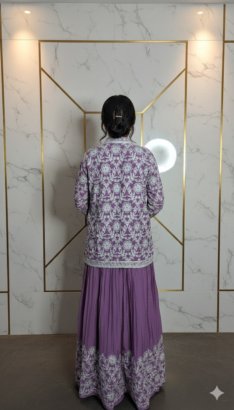 Designer three piece set blouse jacket and lehenga 