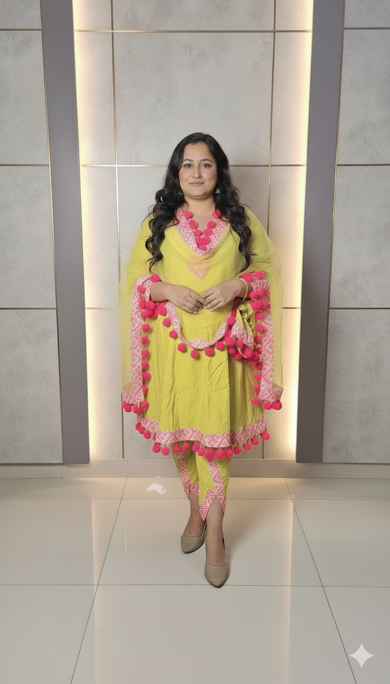 Stylish party wear frock suit with pom pom 