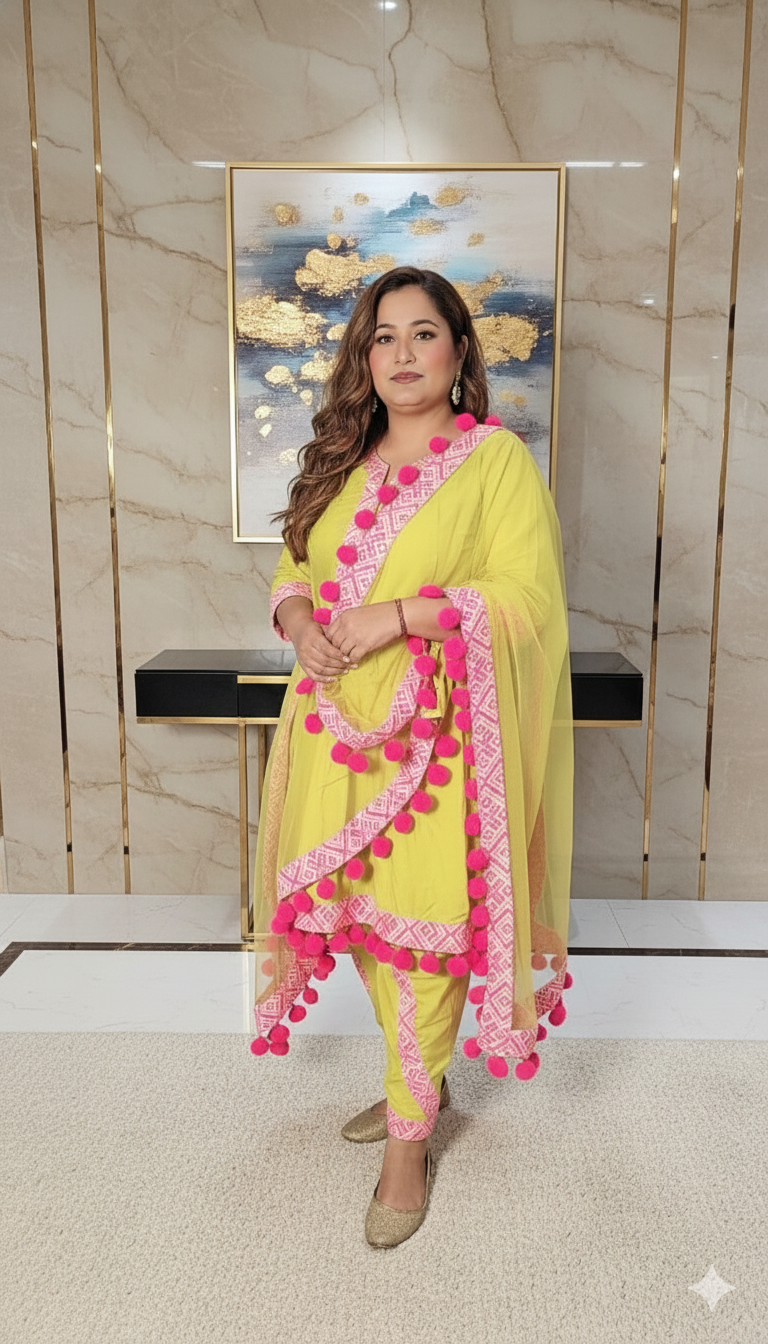 Stylish party wear frock suit with pom pom 