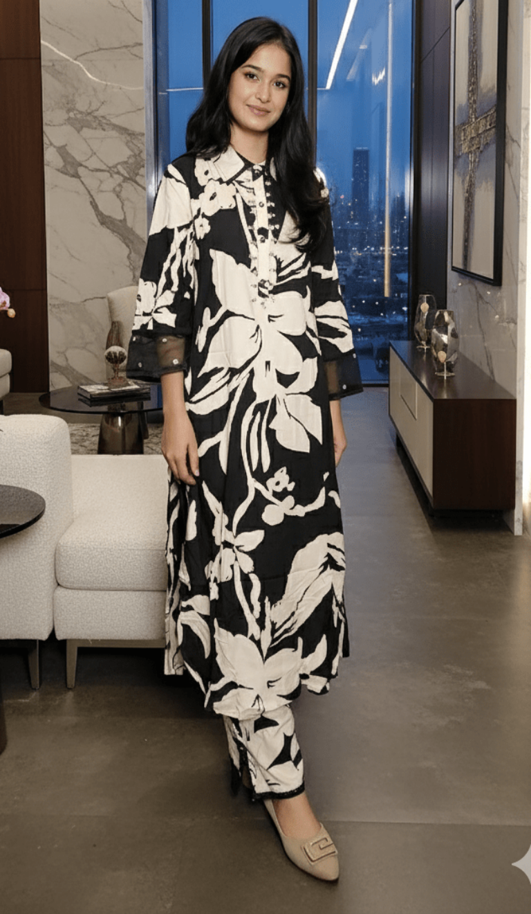 Women Black White Rayon Suit Set